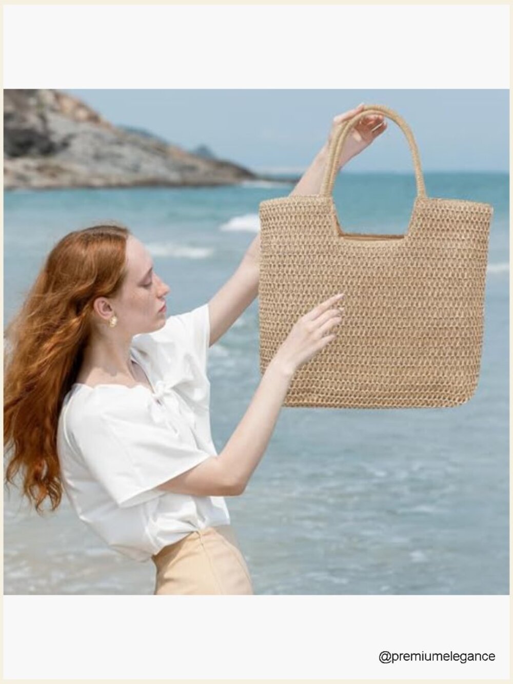 Large Straw Tote Bag with Zipper - Woven Beach Shoulder Handbag for Travel - Picture 3 of 7